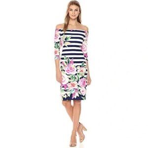 Eliza J Off The Shoulder Navy & White Striped Floral Dress Sz 6